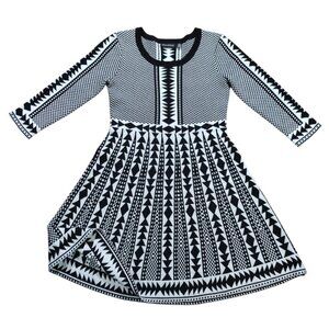Nina Leonard Dress Black, White Geometric Pattern, 3/4 Sleeves & Scoop Neck S.
